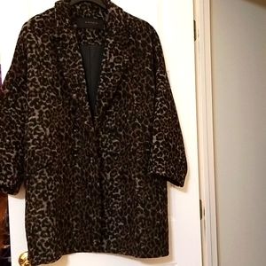 3/4 Length Wool Leopard Print Double Breasted Coat